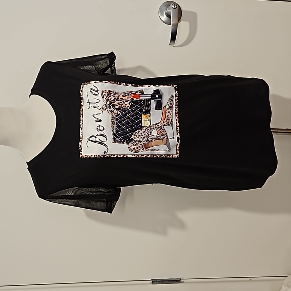 BONITA black mesh short sleeve top rhinestones 1X see measurement Style Graphics - Picture 9 of 10